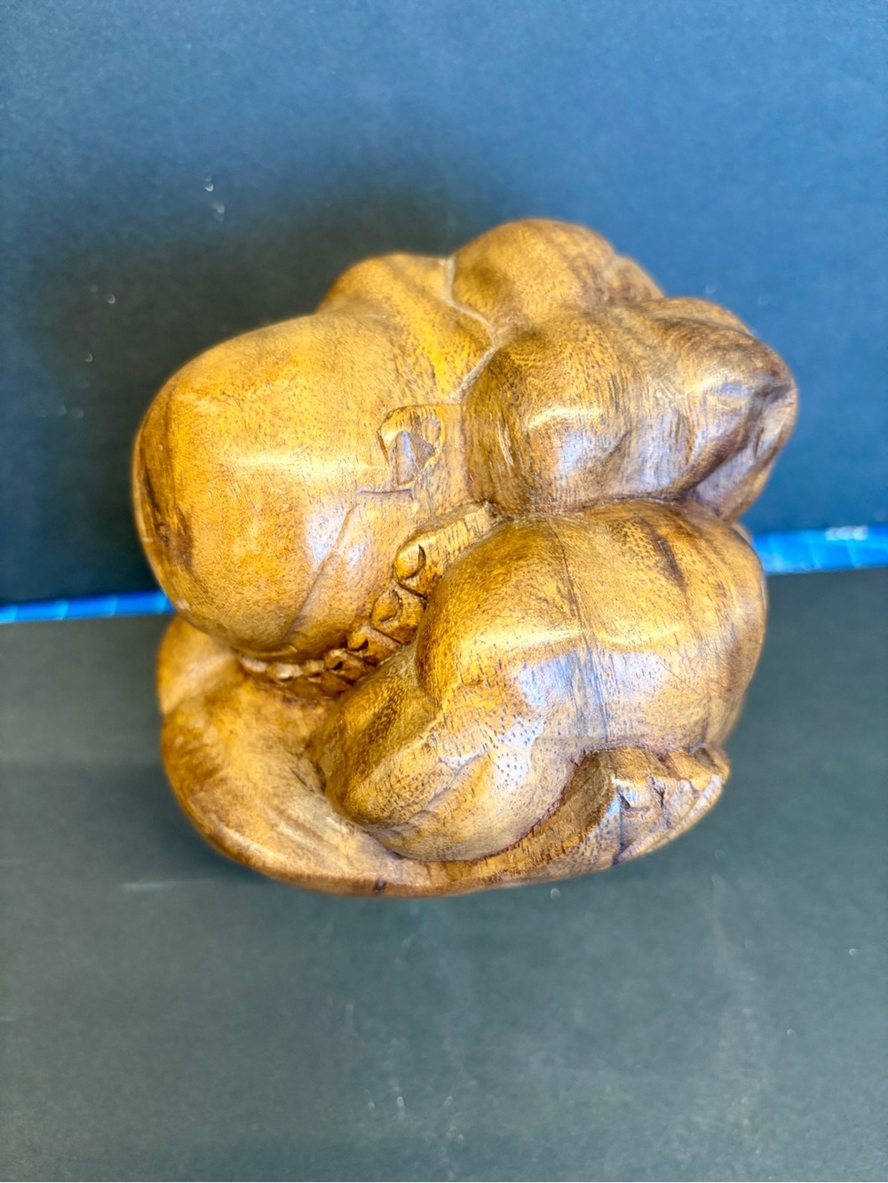 Vintage 70s Hand-Carved Teak Wood Weeping Buddha Sculpture Balinese Folk Art
